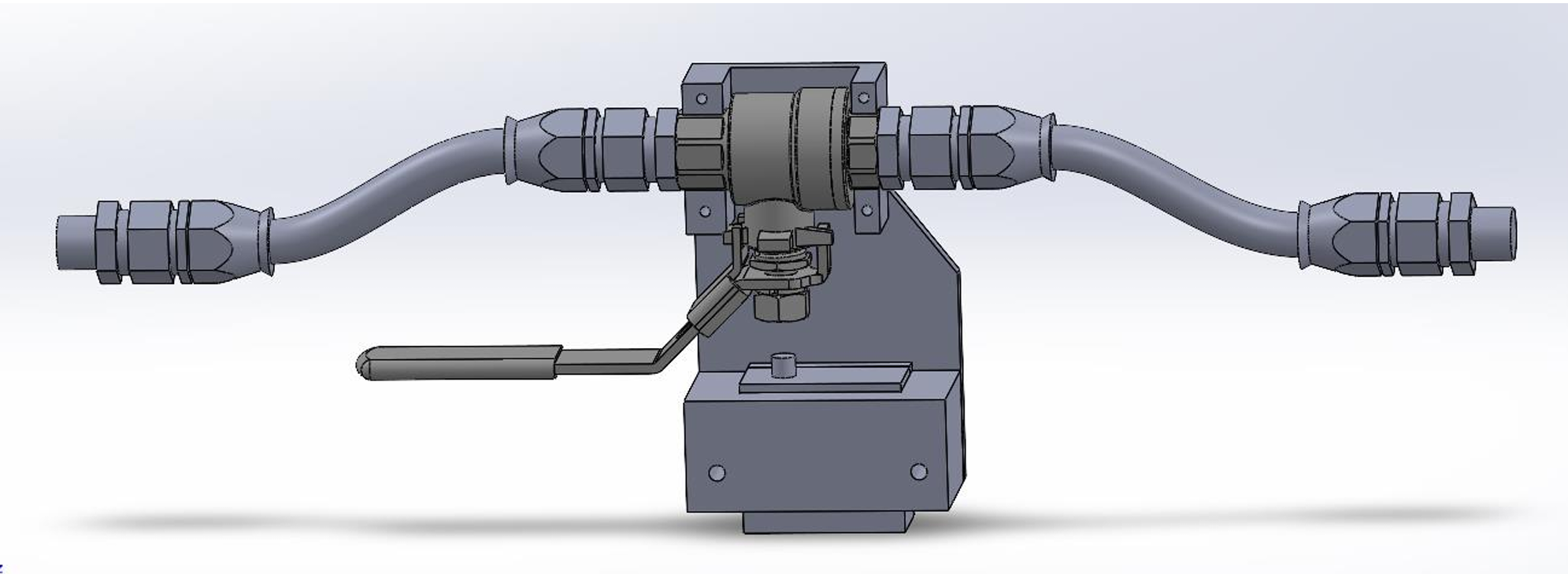 CAD view of the Race2Space main oxidiser flow assembly with a central servo-actuated valve and connected hoses.