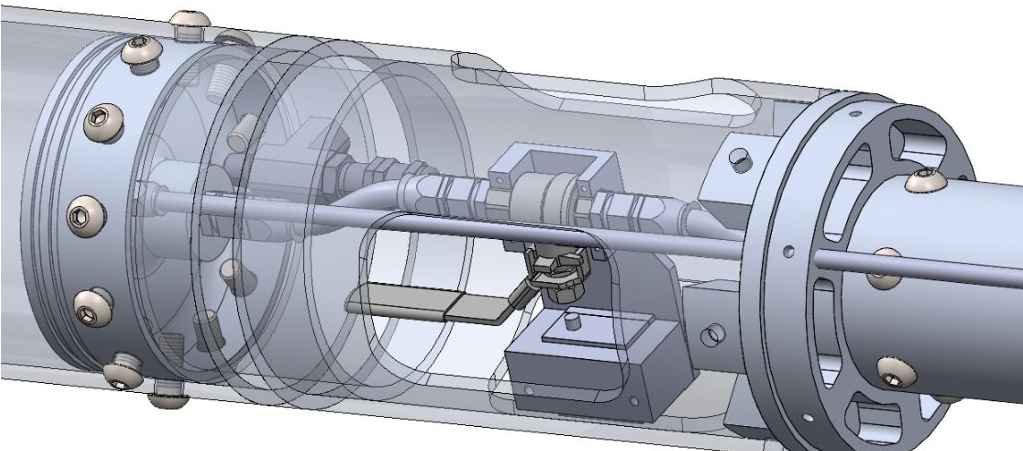 CAD integration view showing the oxidiser flow assembly positioned within a transparent engine-system envelope.
